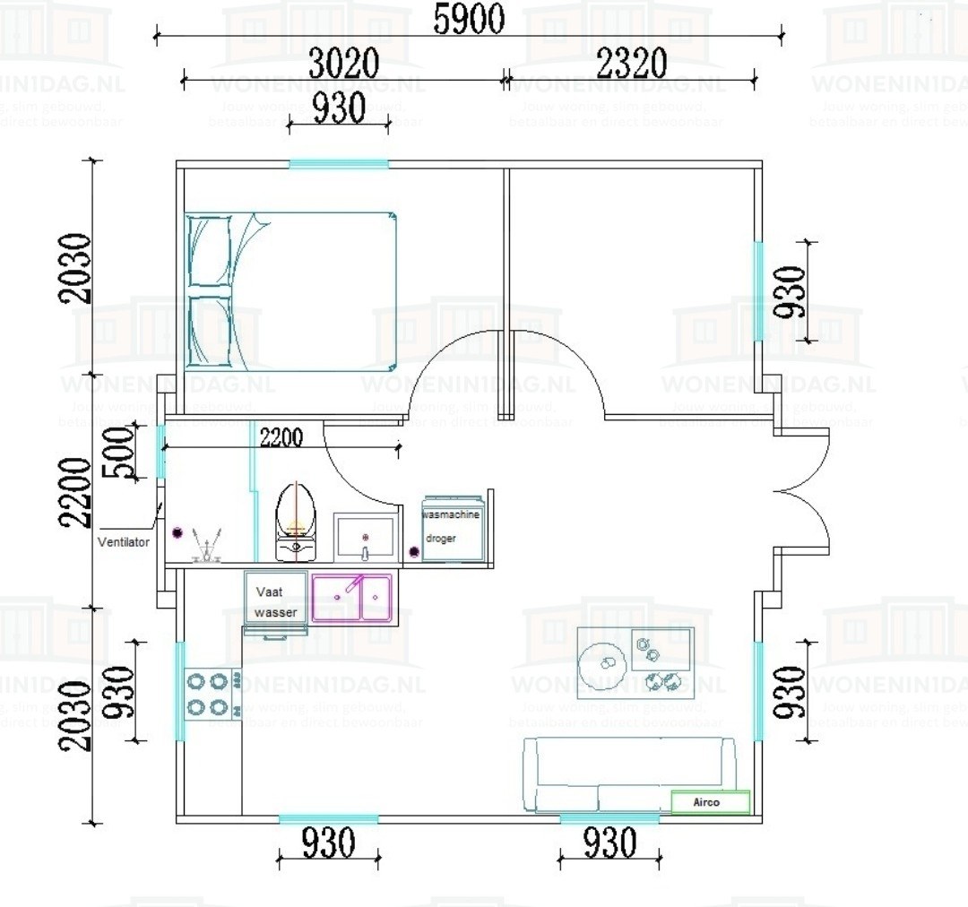 Plattegrond van Model Duo prefab woonunit van 36 vierkante meter van Wonen in 1 Dag