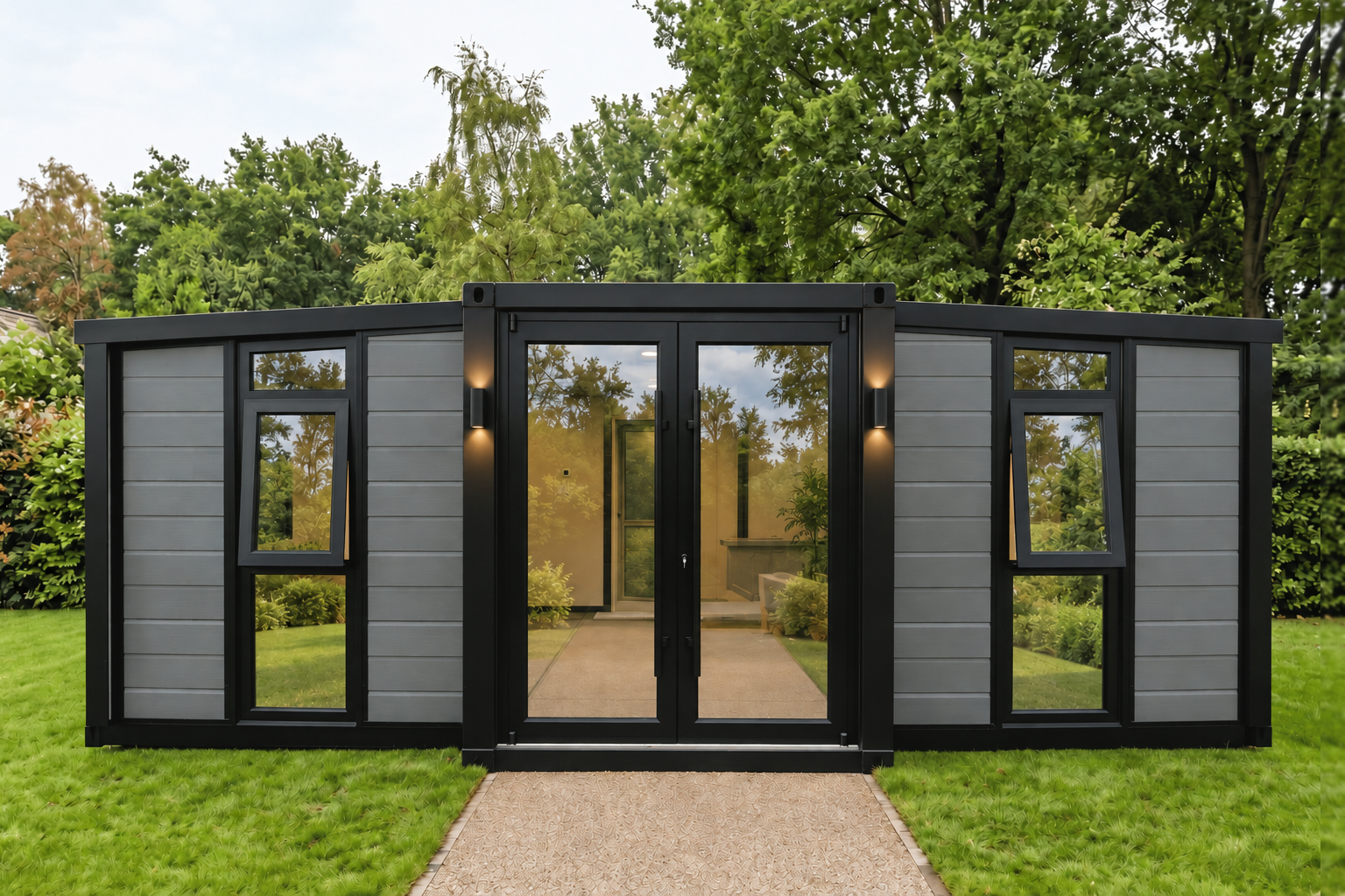 Prefab woning van Wonen in 1 Dag met natuurlijke tuinreflectie en buitenverlichting